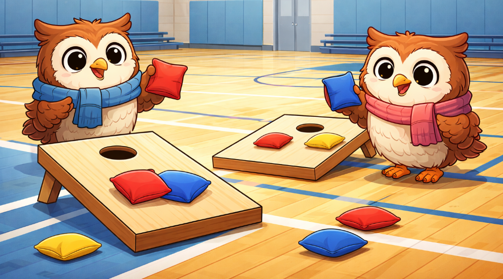 Two cartoon owls holding and tossing cornhole bags towards two cornhole backboards.