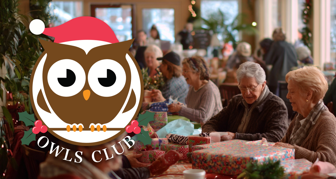 An Owls Club logo pasted over a group of club members celebrating with gifts, gift wrapping, and refreshments.