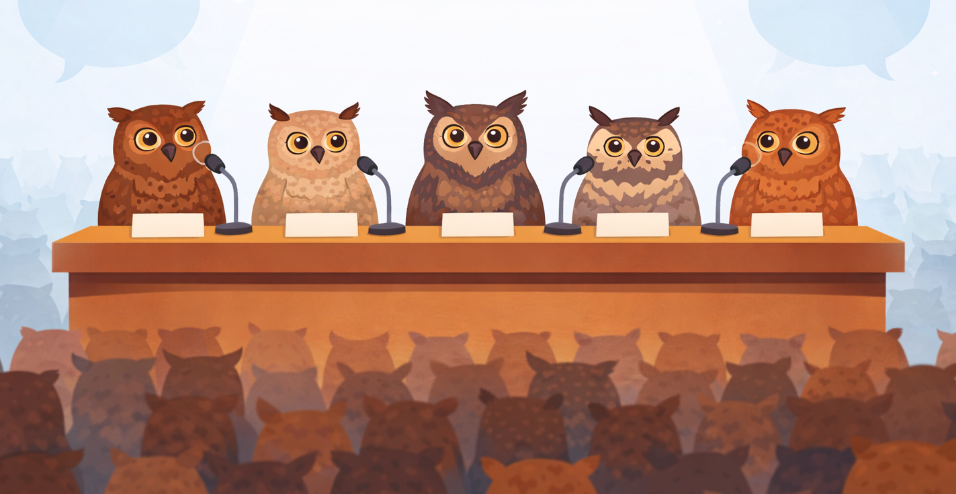 An admin panel of owls speaking about plans and updates to a larger group of community owls.