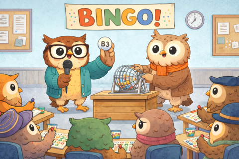 A group of cartoon owls playing BINGO moderated by 2 special guest owls.