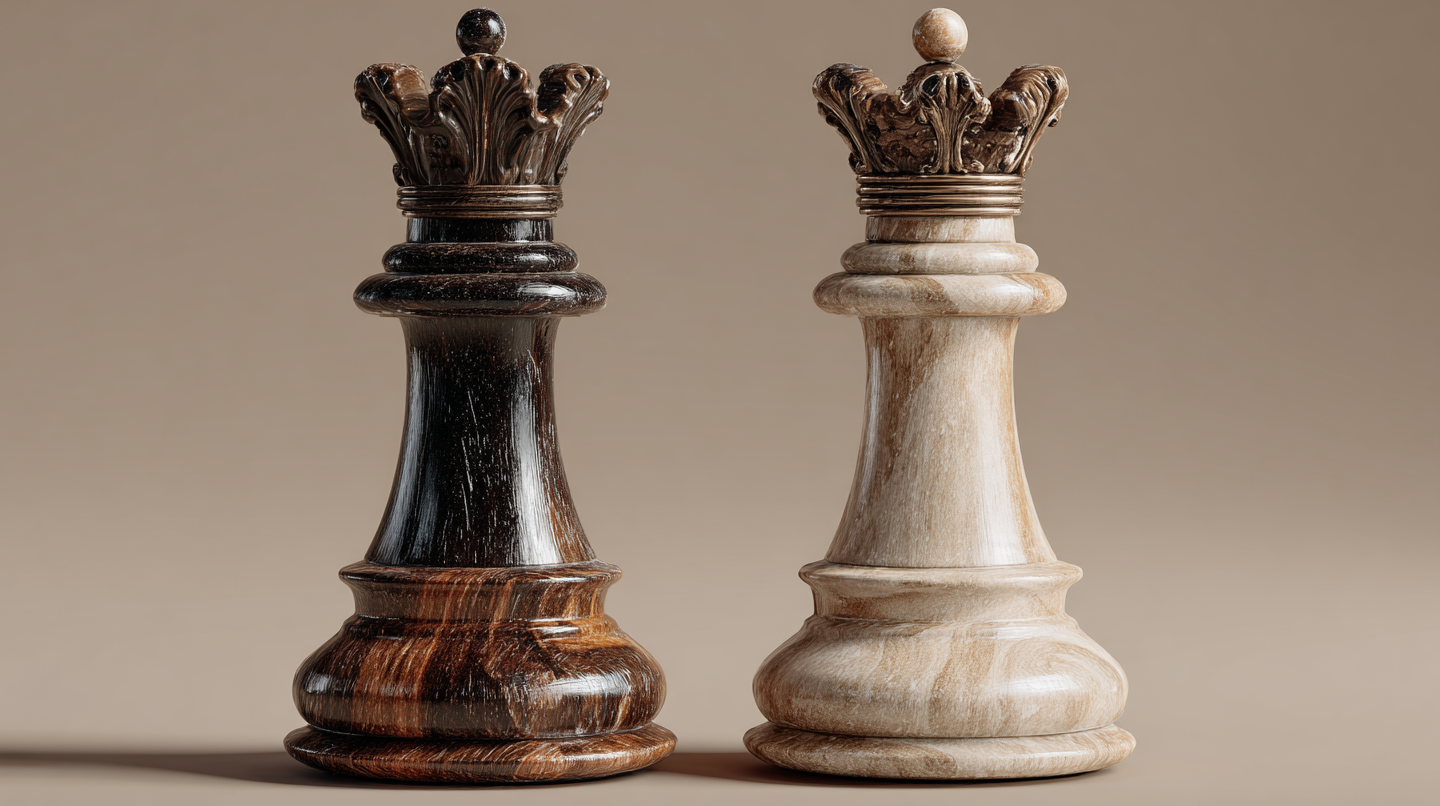 A photograph of light and dark chess kings from a chessboard.