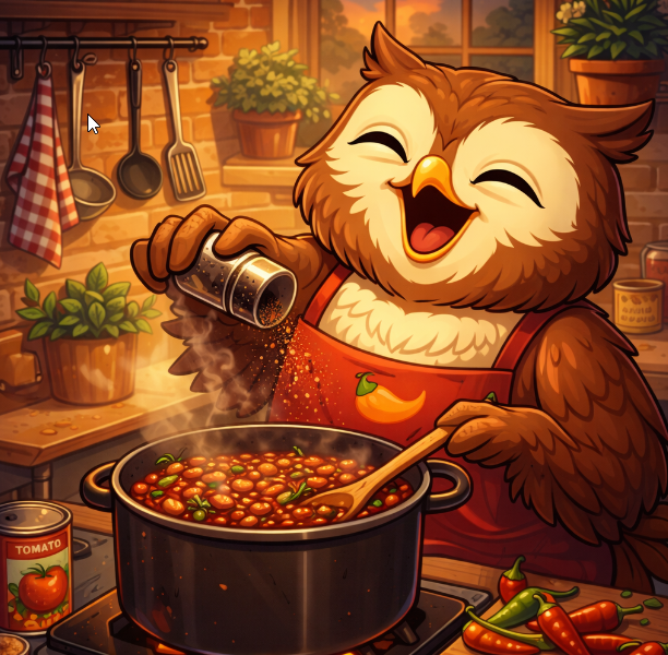 A smiling owl wearing a festive chili apron is adding spices to a pot of chili.