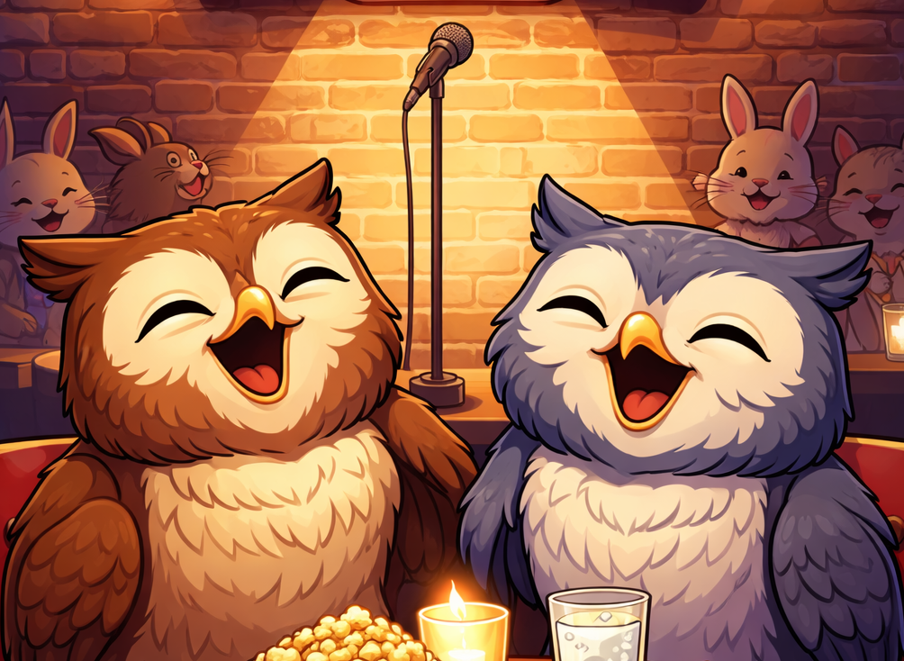 Two owls laughing together at a stand-up comedy event.