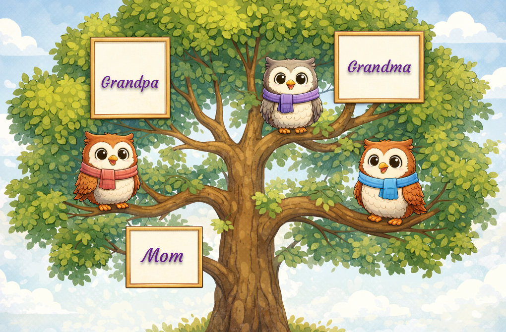 A couple of cartoon owls sitting in a family tree with frames resting on branches with the words Mom, Grandpa, and Grandma