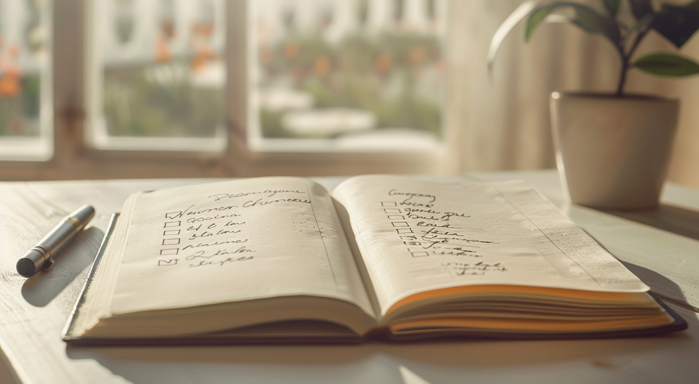 A small desk supporting a houseplant, pen, and notebook near a window setting with soft ambient light pouring in. The pages of the notebook contain checkboxes with goals listed for the new year.