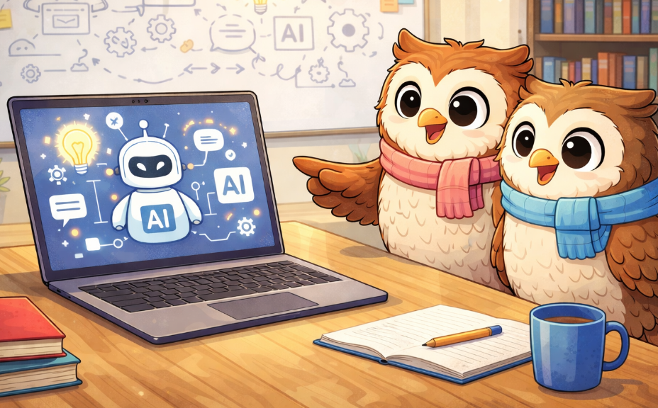 A couple of cartoon owls are brainstorming over a laptop with Artificial Intelligence software on their screen.