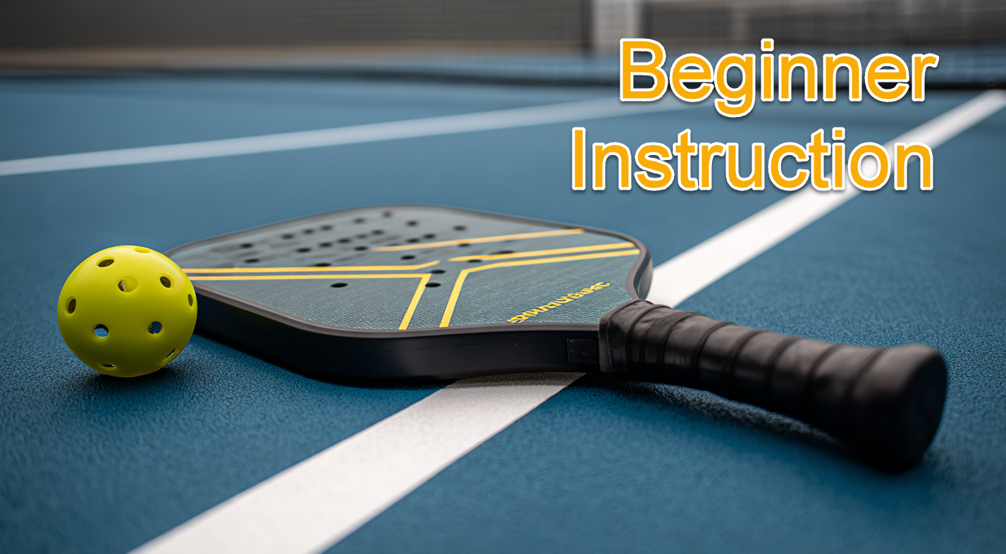 A pickleball and paddle lying on a court with the title Beginner Instruction.