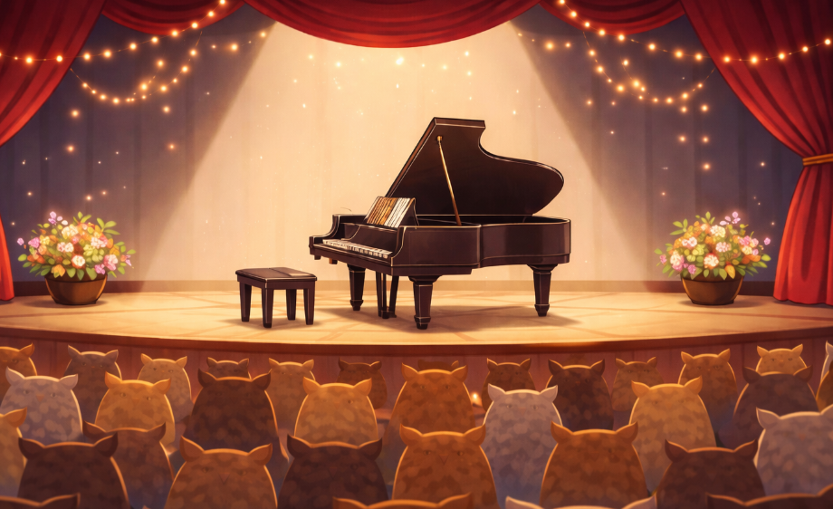A large gathering of owls are attending a piano concert, patiently waiting for the pianist.