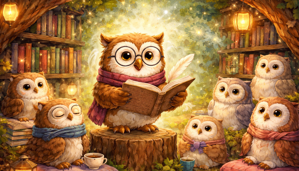 A cartoon graphic of an owl reading poetry to other owls inside a library filled with magical ambiance.
