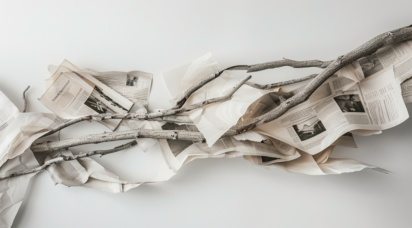 A woodland branch lying over a blank canvas with dozens of newspaper clippings and historic documents wrapped around each fork and bend of the branch. Each depicts moments in history that stem from the previous.