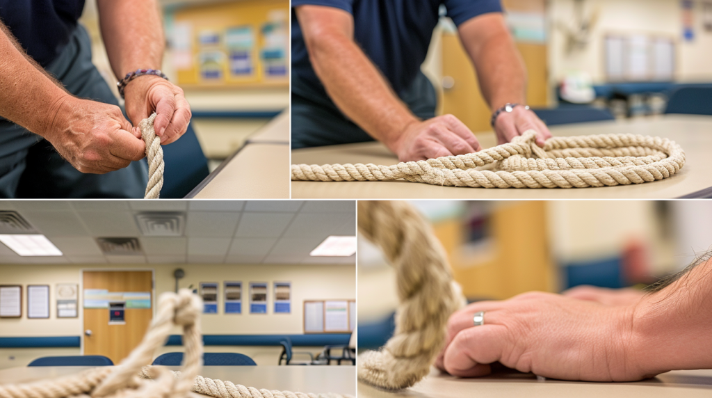 A collage of photographs of instructors demonstrating knot tying and rope making.