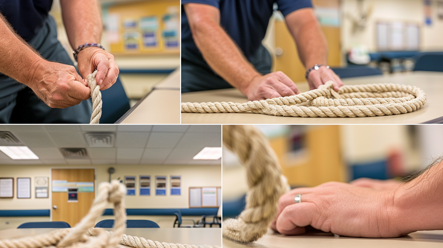 A collage of photographs of instructors demonstrating knot tying and rope making.