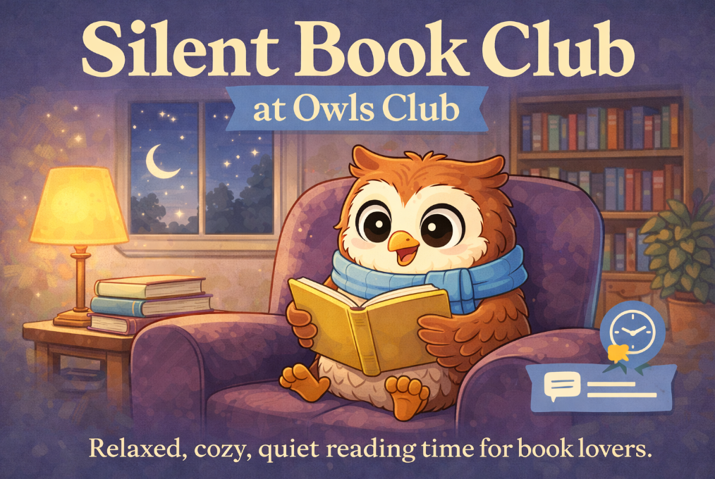 A cartoon owl sitting in a large padded chair with their head in a book in a cozy ambient setting.