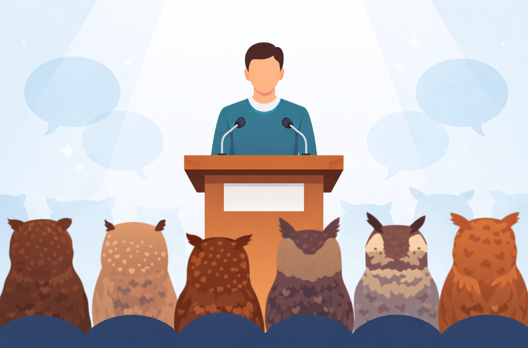 A speaker standing at a podium giving a lecture to a group of owls.