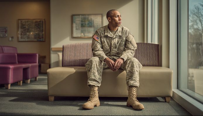 A photo of a United States military veteran sitting in a waiting room with a look of tiredness and concern while gazing out of a large window.
