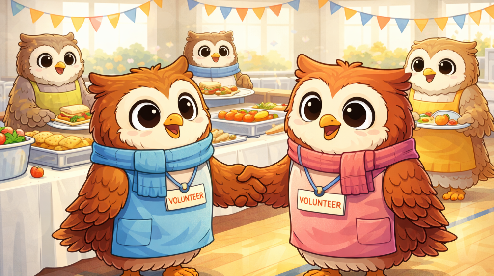 Two cartoon owl volunteers shaking hands in gratitude while attending a luncheon in their honor and attended by other owls.