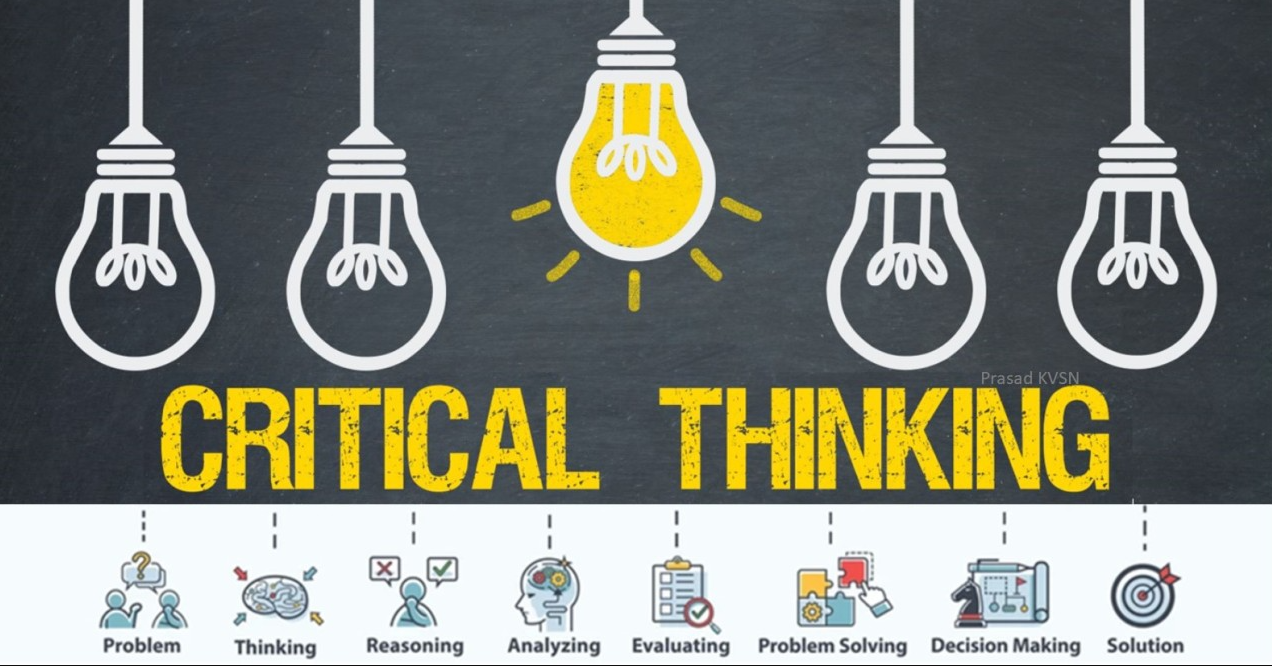 A series of unlit lightbulbs with one lit in the middle, and the title Critical Thinking. Below is a series of subtopics of Problem, Thinking, Reasoning, Analyzing, Evaluating, Problem Solving, Decision Making, and Solution,